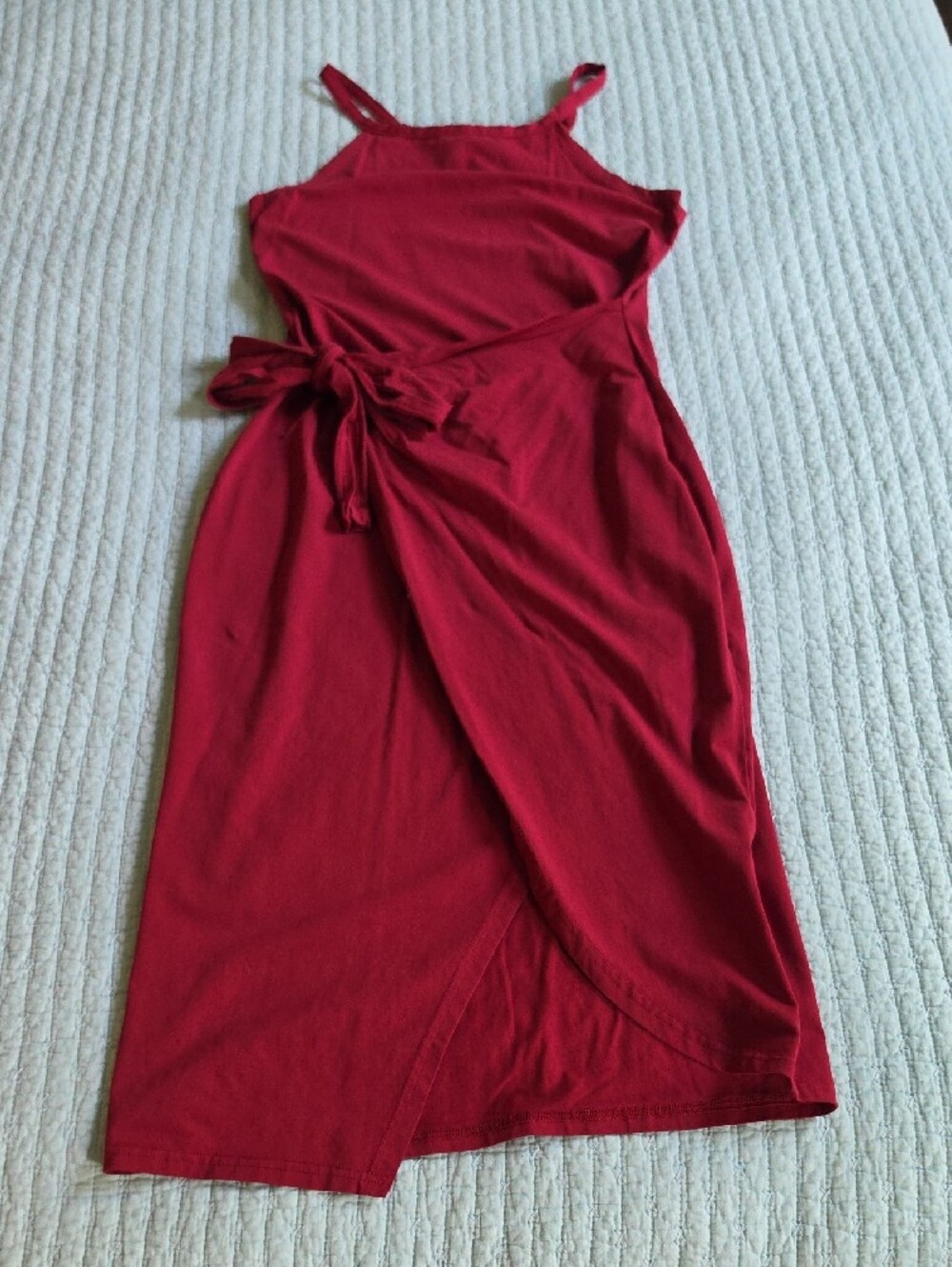 Sleeveless Red Midi Wrap Dress with Tie Detail